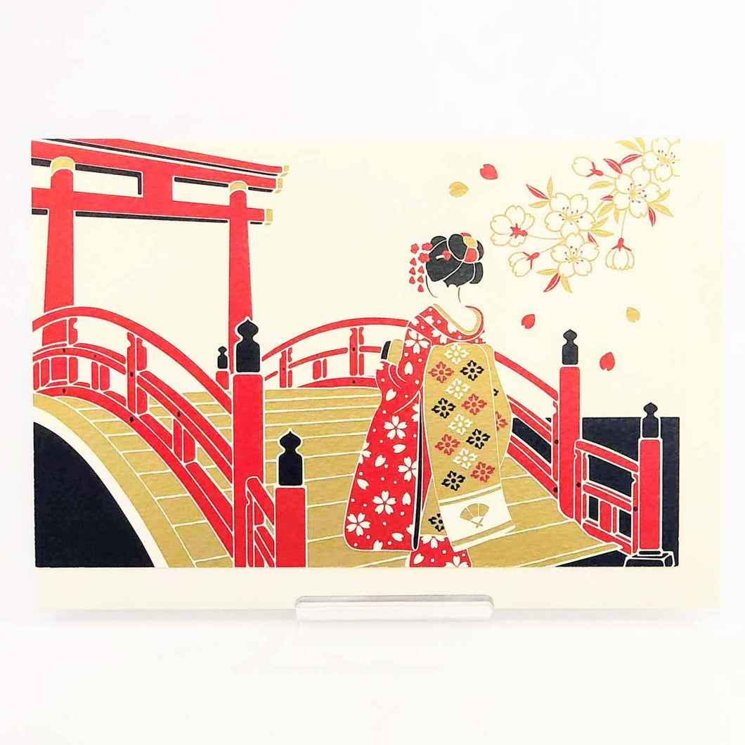 Greeting Card Christmas Card Silk Print Maiko and Arched Bridge | jxcd-104